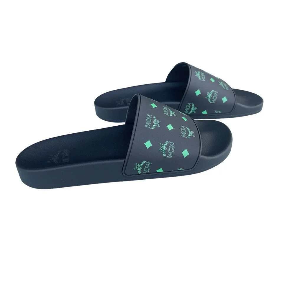 MCM Mens Black/Green Visetos Print Rubber Slides Slippers, MEX CSSX01 JW0 EU42
